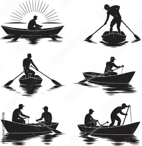 Rowing boat silhouette collection featuring people enjoying water activities and recreation