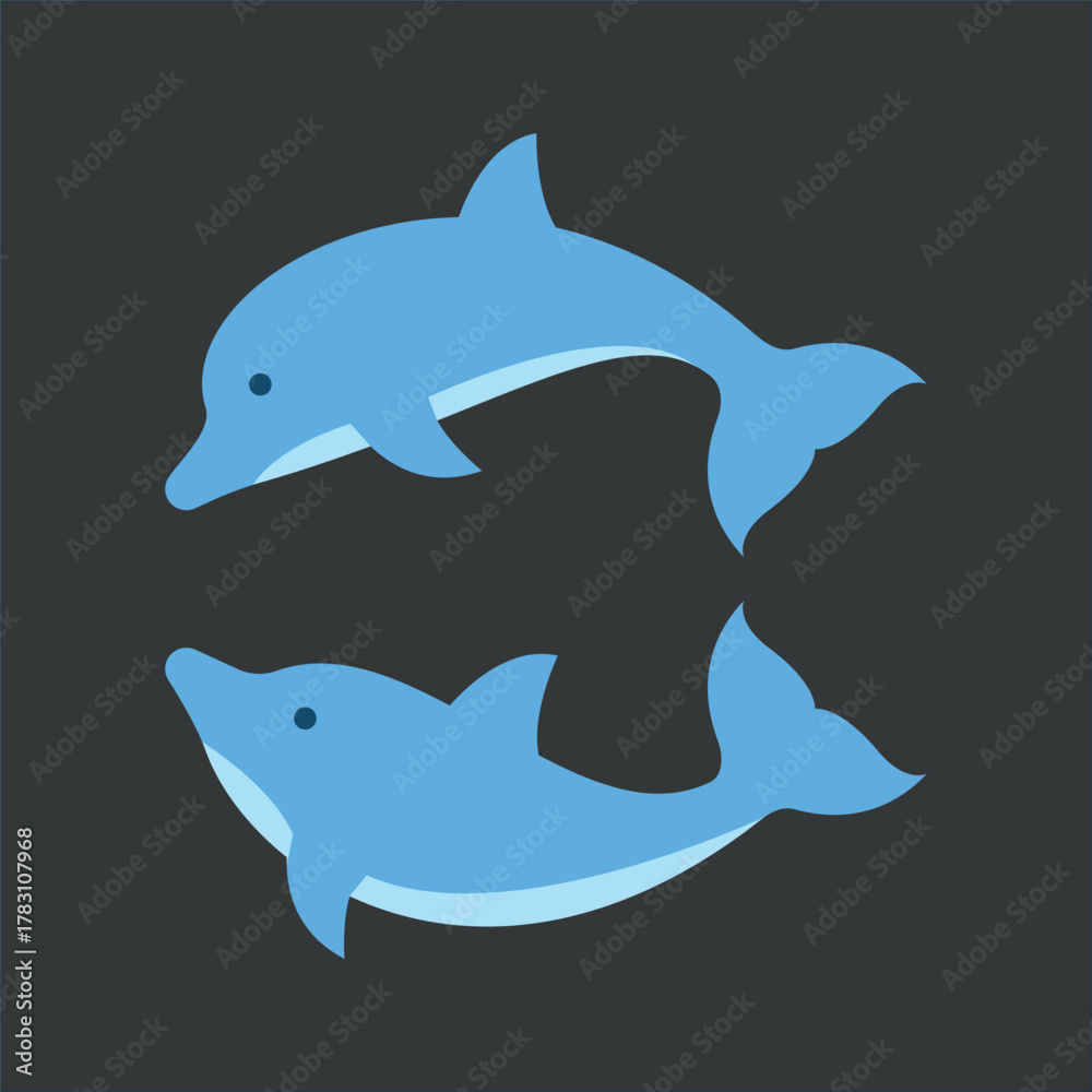 Fototapeta premium Two blue dolphin icon for creative summer beach and aquatic branding.