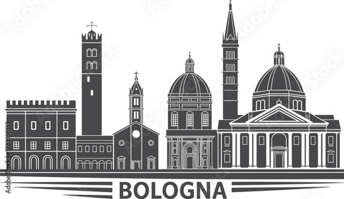 Black and white Bologna skyline with historic towers, domes, churches, classical facades, bold city name, Italian architectural heritage