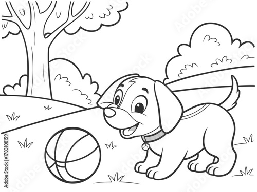 Playful Puppy Coloring Page: Outdoor Fun Activity