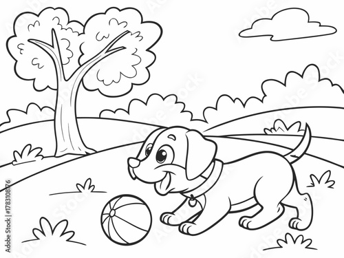Playful Dog with Ball Outline for Coloring