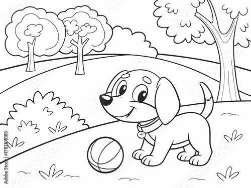 Playful Puppy Park Coloring Page with Ball