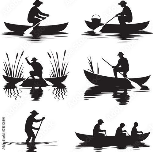 Silhouette illustration of people boating in different scenes in black color