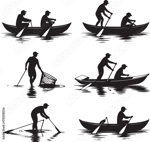 Silhouette illustration set of people fishing and boating in various poses
