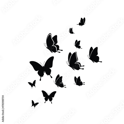 A swarm of black butterflies in silhouette flying upwards against a white background silhouette