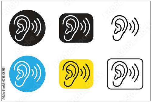 Ear icons, Black Line Ear with Sound Waves  Hearing, Listening, Audio, Sound Detection, Accessibility, and Communication Icon Set Vector Design