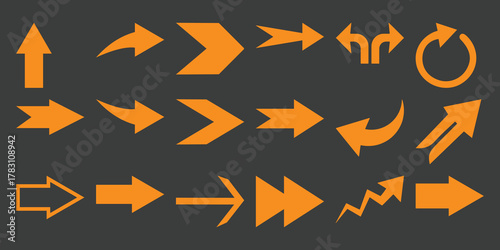 Collection of Orange Arrows Pointing in Various Directions on a Dark Gray Background