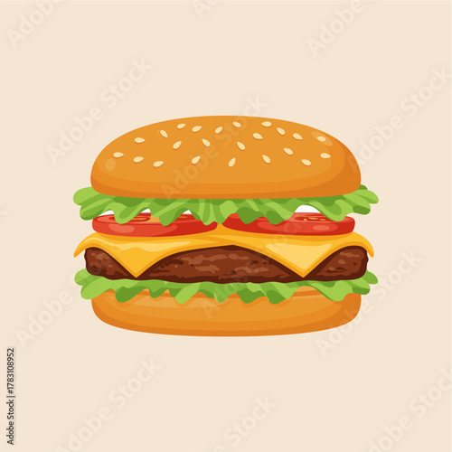 Mouthwatering cartoon burger with vibrant toppings