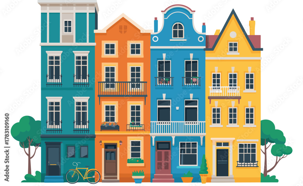 Fototapeta premium Colorful row of five townhouses with balconies, flower boxes, bicycle, trees, varied architecture, urban residential street illustration