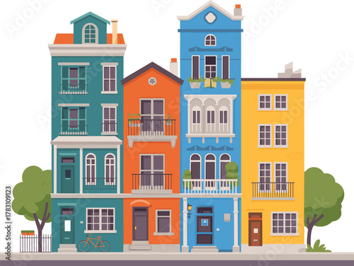 Colorful row of five urban buildings with balconies, trees, bicycles, flower boxes, varied architecture, vibrant city street illustration