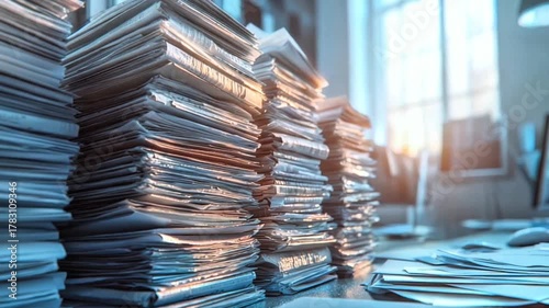 Massive Stacks of Paperwork Piled High on Office Desk. Symbolizing Bureaucracy Heavy Workload Filing and Administrative Chaos.