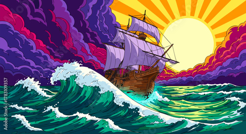 Majestic Ship Sailing Through Stormy Seas at Sunset Illustration