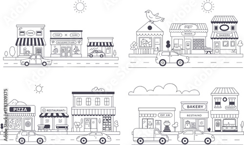 Four black-and-white town scenes with storefronts, cars, signage, cafes, bakeries, restaurants, cartoon line art, urban neighborhood design