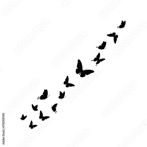 A swarm of butterflies in flight forming a dynamic diagonal silhouette