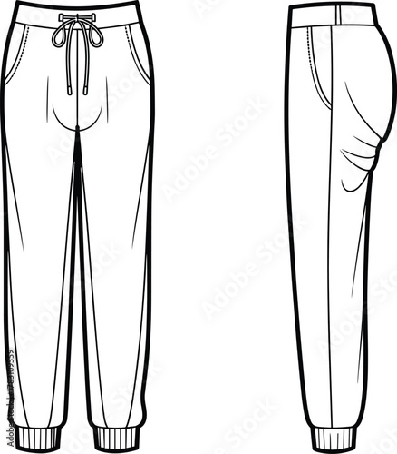 cad drawing flat vector illustration, jogger pants front and side view, fashion design template, clothing technical sketch, casual wear outline