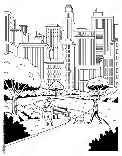A serene park scene unfolds with towering city buildings in the background, capturing the essence of urban nature