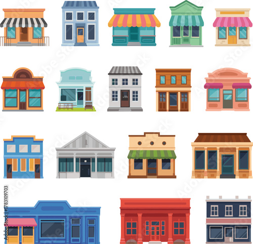 Set of eighteen colorful storefront vector illustrations with diverse architecture, shop facades, commercial building designs, and urban retail exteriors