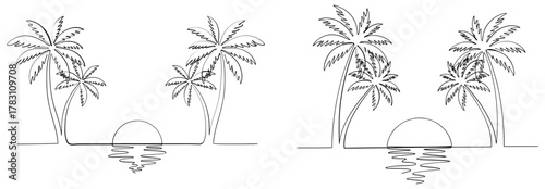 Continuous line drawing of tropical beach with palm trees and sun