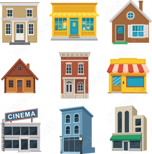 Set of nine colorful building vector illustrations featuring residential homes, storefronts, cinema, urban architecture, and commercial facades design