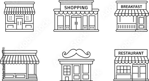 Set of Six Line Art Storefront Icons Featuring Restaurant, Barbershop, Diner, Shopping, and Boutique Shops for Urban Business Design
