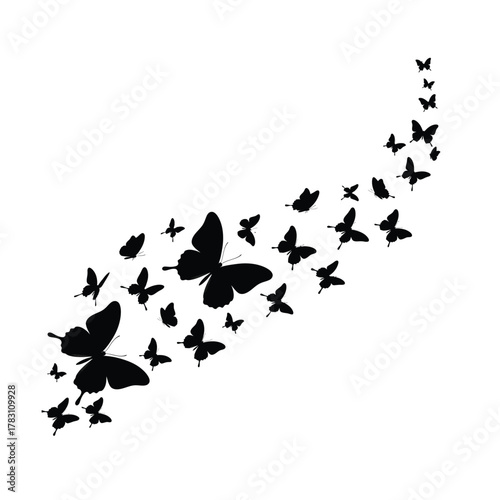 A swirl of black butterflies in silhouette formation silhouette