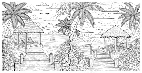 Tropical paradise coloring page with palm trees, thatched huts, and ocean view, perfect for relaxation and creative expression