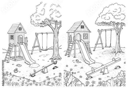 A delightful playground scene featuring treehouses, swings, and seesaws, all rendered in a charming black and white outline style