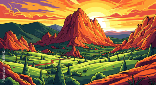 Vibrant graphic illustration of a breathtaking sunset over majestic red rock formations and serene green valleys, evoking a sense of natural wonder and adventure