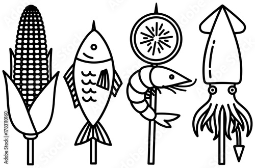 Illustration of grilled food on skewers, including corn, fish, shrimp, lemon, and squid