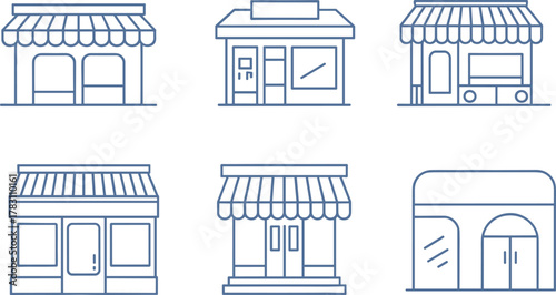 Set of Six Simplified Line Art Storefront Icons Featuring Unique Shop Facades for Urban Retail, Branding, and Business Design Projects