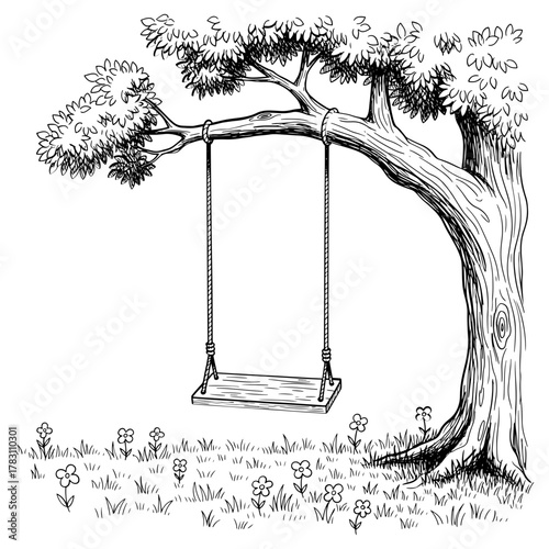 A charming tree swing hangs invitingly from a sturdy branch, a nostalgic scene, evoking childhood memories
