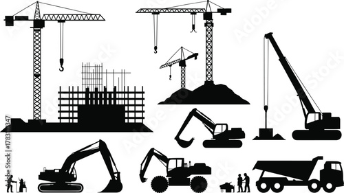 Construction site with cranes, excavators, dump truck, workers, and building structure silhouettes, heavy equipment machinery for industrial development projects illustration