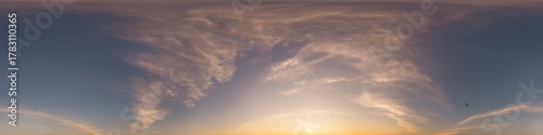 Sunset sky with bright glowing pink Cirrus clouds. Seamless spherical HDR 360 panorama. Full zenith or sky dome in 3D, sky replacement for aerial drone panoramas. Climate and weather change.