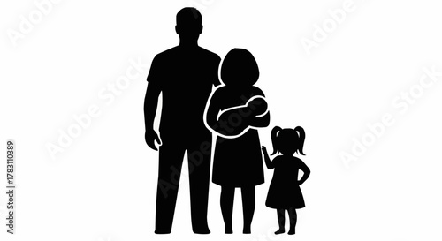 Silhouette of a young family with a newborn baby and daughter.