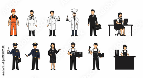 Diverse group of professionals in various occupations and uniforms.