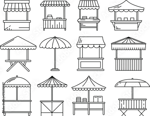 Set of twelve black-and-white line drawings of market stalls, kiosks, umbrella stands, vendor booths, and outdoor retail structures