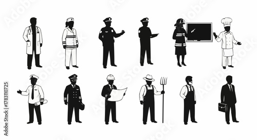 Diverse Professions - A Silhouette Collection of Essential Workers.