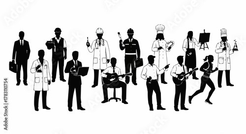 Diverse Collection of People Silhouettes in Various Professions.