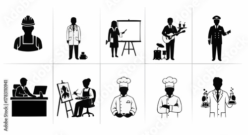Set of black glyph icons representing various professions and occupations.