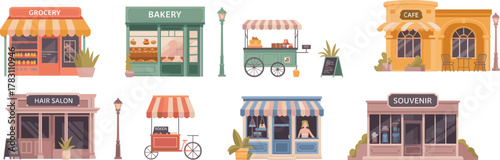 Stylized Illustration of Eight Colorful Storefronts and Market Stalls Featuring Grocery, Bakery, Café, Salon, Boutique, and Souvenir Shop