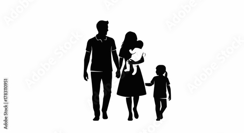 Silhouette of a Family Walking Together - Father, Mother, Baby, and Child.