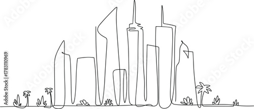 Modern city skyline illustration, continuous line drawing, urban buildings sketch, skyscrapers art, architectural cityscape design, minimal city view concept