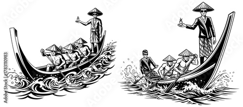 Illustration of a boat race with men wearing conical hats