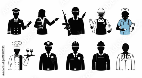 Set of black and white silhouettes representing various professions.