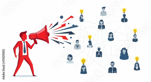 Red businessman character making an important announcement to a crowd.