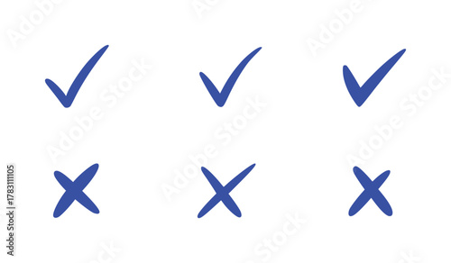 Set of Blue Checkmarks and Crosses on White Background
