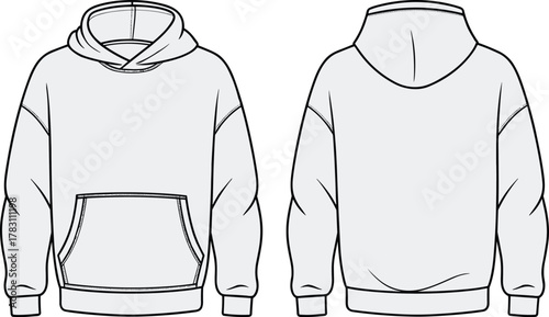 Technical fashion sketch of hooded sweatshirt front and back views with crossover neckline, kangaroo pocket, ribbed cuffs, and hem