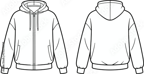 Technical fashion sketch of hooded zip-up jacket front and back views with dropped shoulders, ribbed cuffs, hem, and garment details