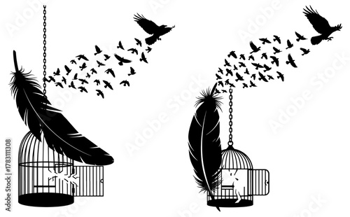 Two cages with feathers and birds flying away freedom concept with birds leaving cages