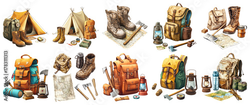 Camping Gear and Equipment Collection for Outdoor Adventures, PNG bundle collection, Isolated on Transparent Background
